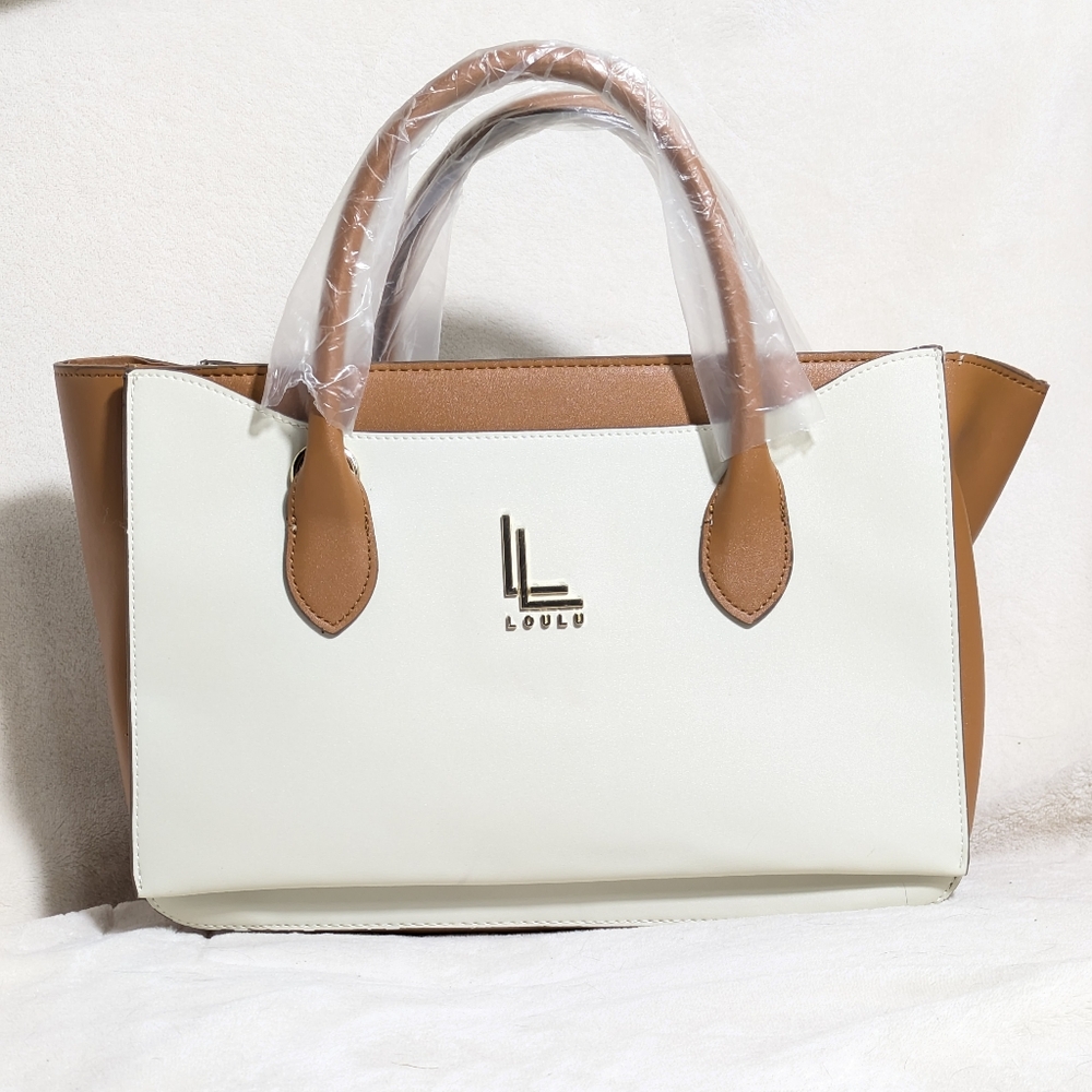 NWOT Loulu‎ Cream Brown Purse Tote Vegan Leather Detachable Crossbody Strap